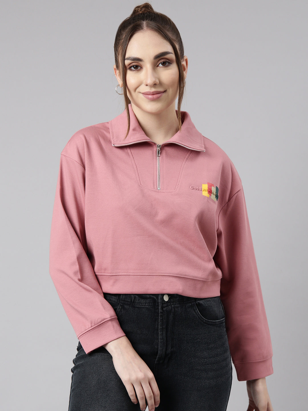 Women Peach Solid Front-Open Oversized Crop Sweatshirt