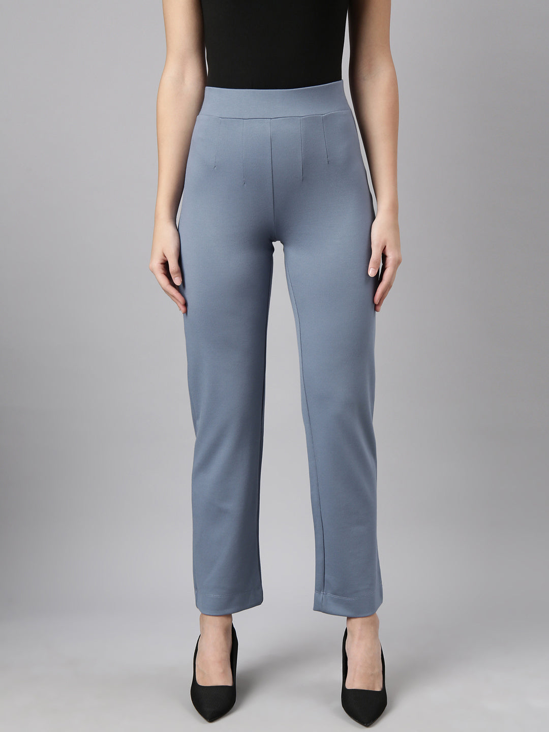 Women Self Design Blue Regular Trousers