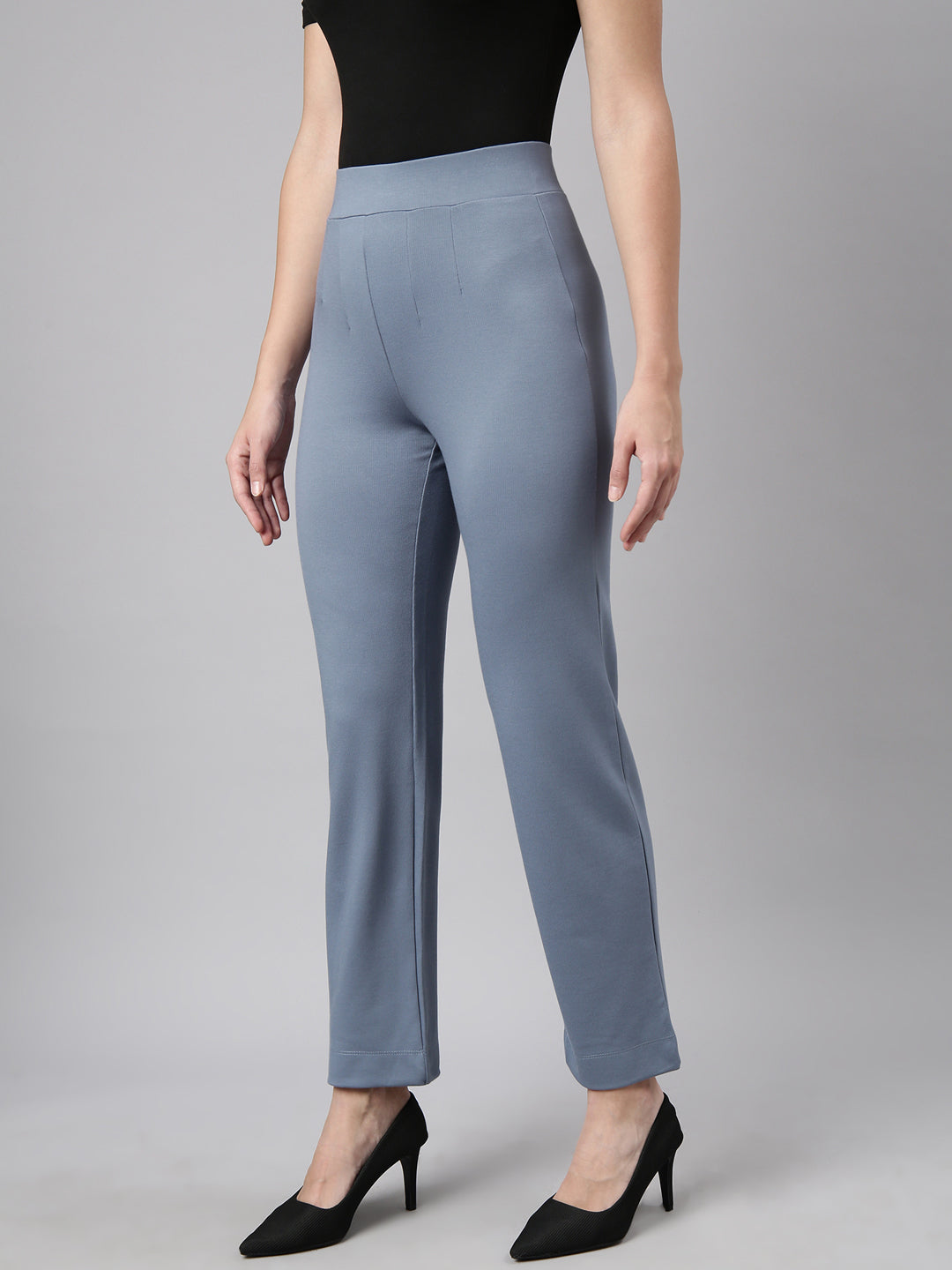 Women Self Design Blue Regular Trousers