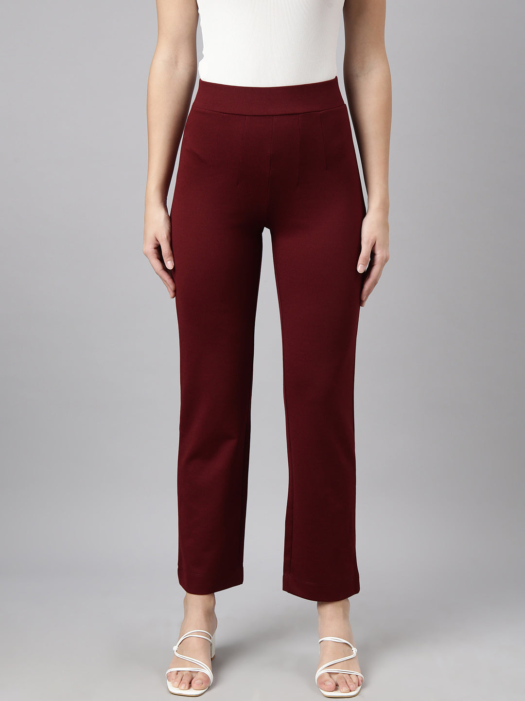 Women Self Design Maroon Regular Trousers