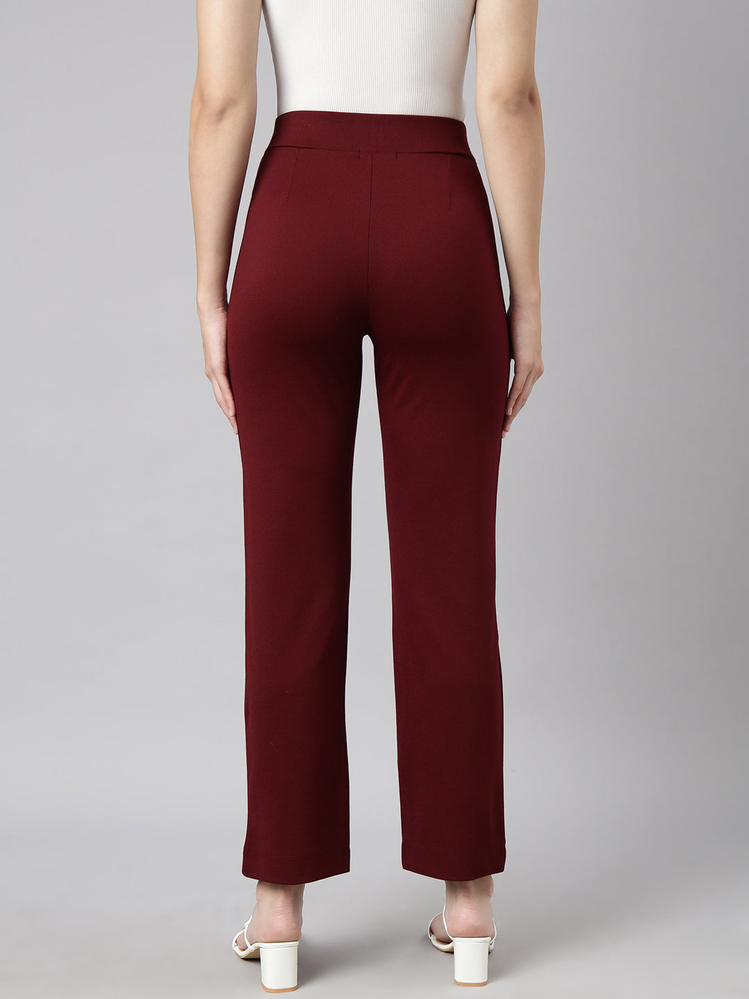 Women Self Design Maroon Regular Trousers