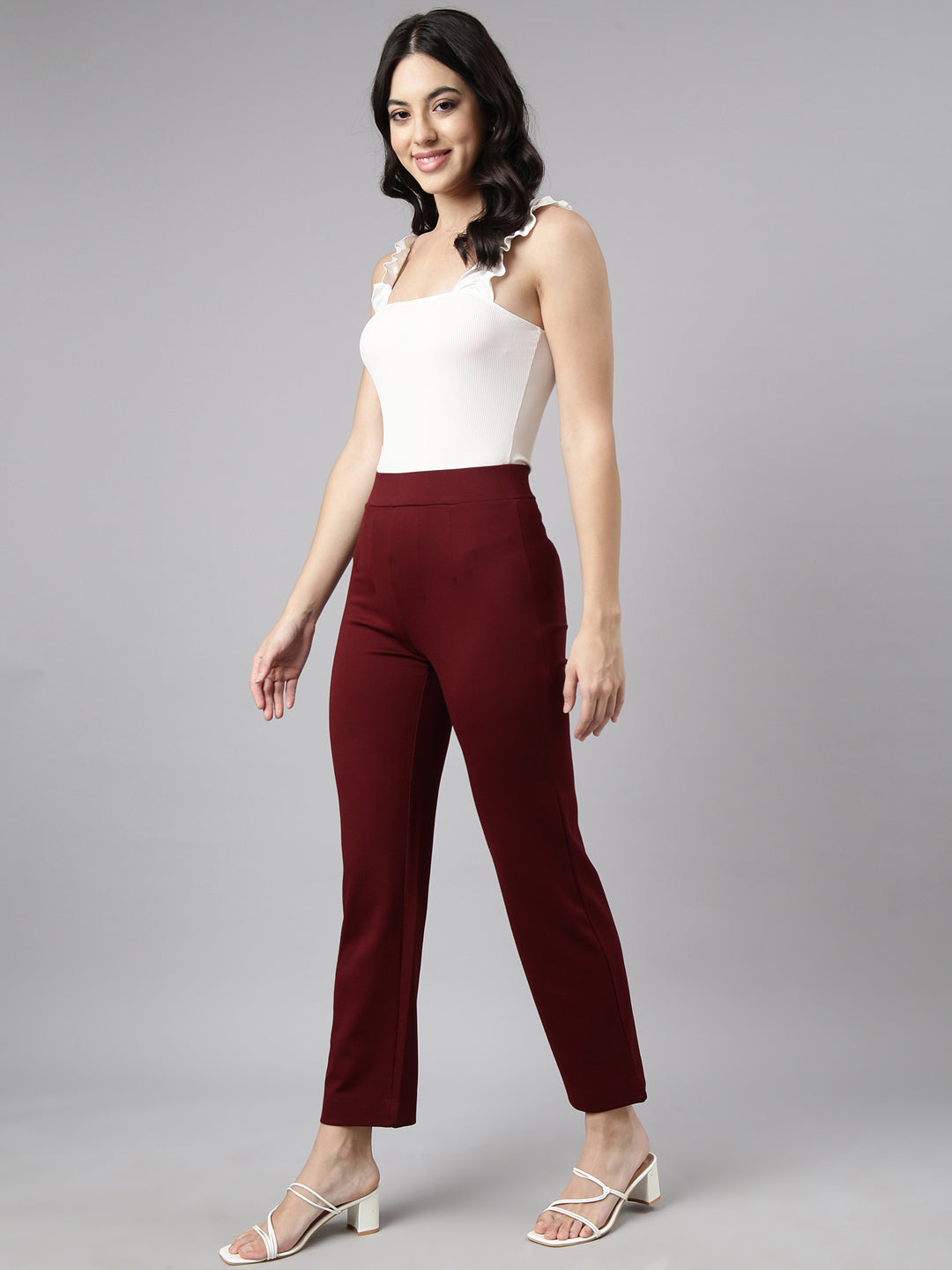 Women Self Design Maroon Regular Trousers