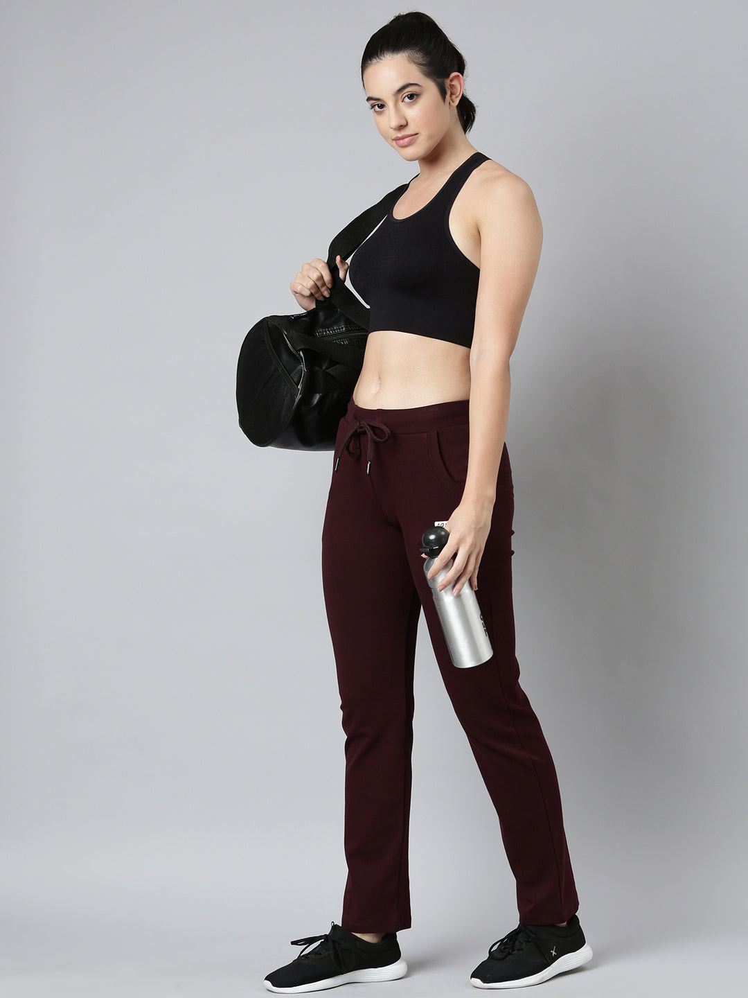 Women Solid Slim Fit Burgundy Track Pant