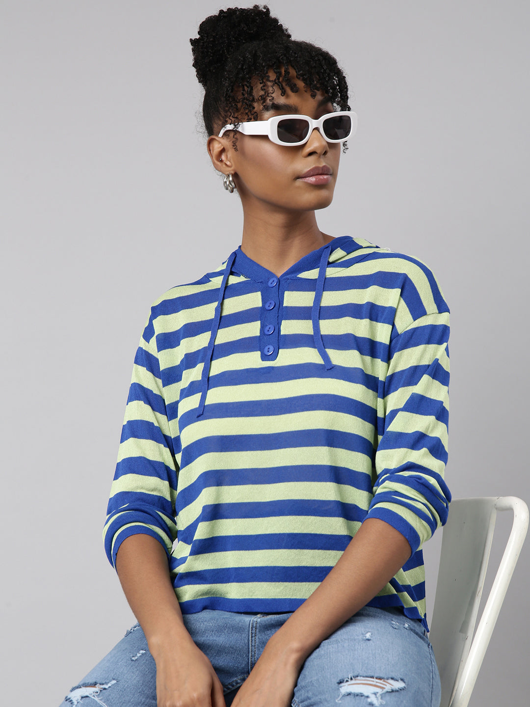 Women Green Horizontal Stripes Boxy Top