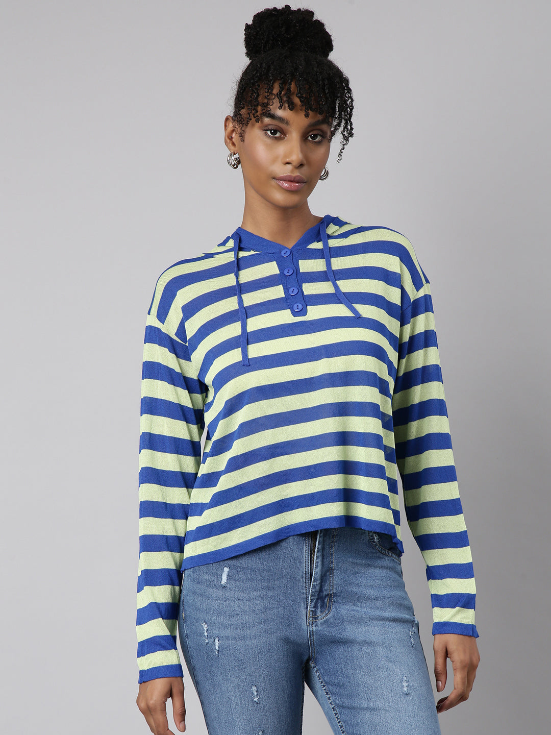 Women Green Horizontal Stripes Boxy Top