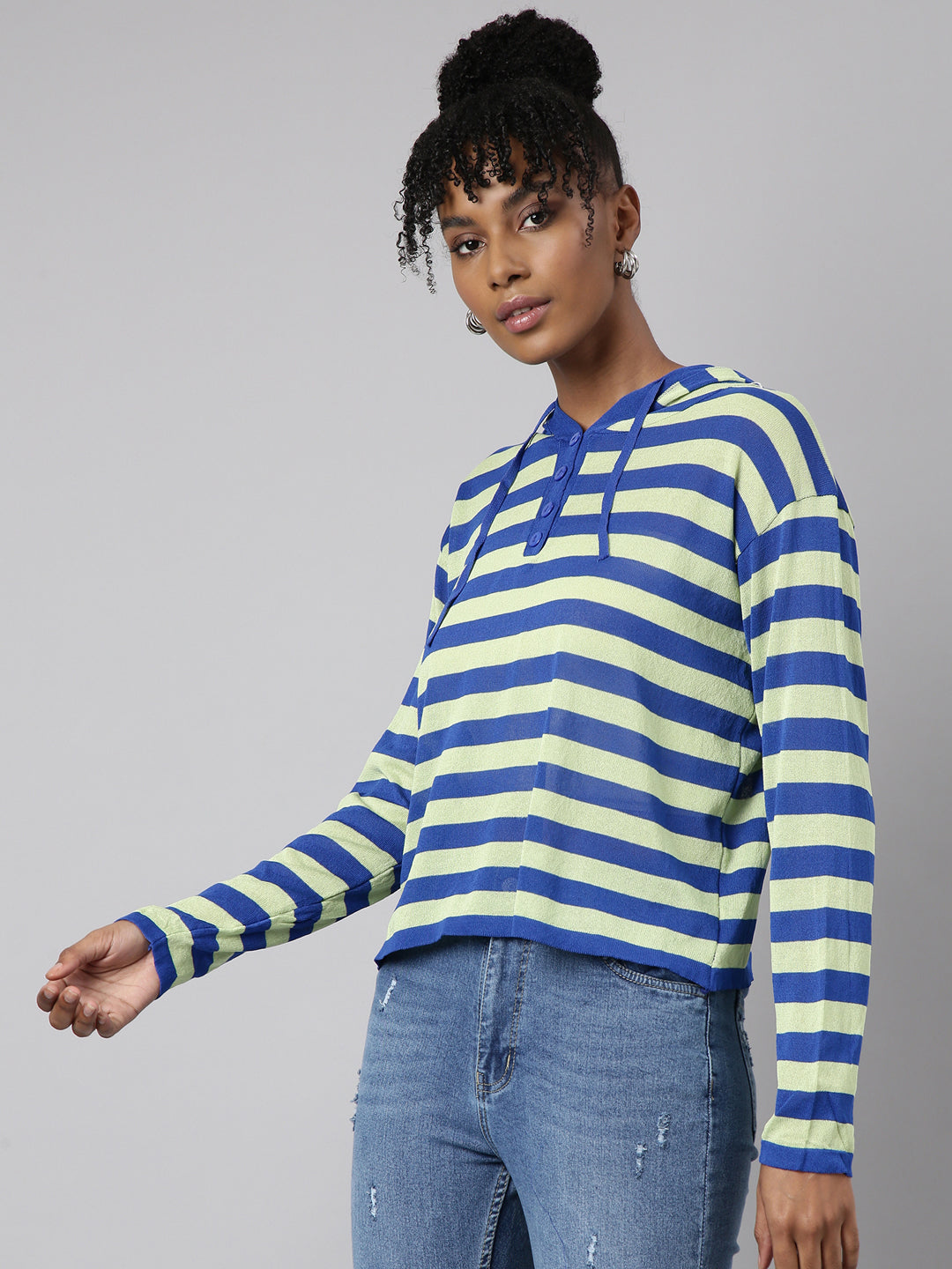 Women Green Horizontal Stripes Boxy Top