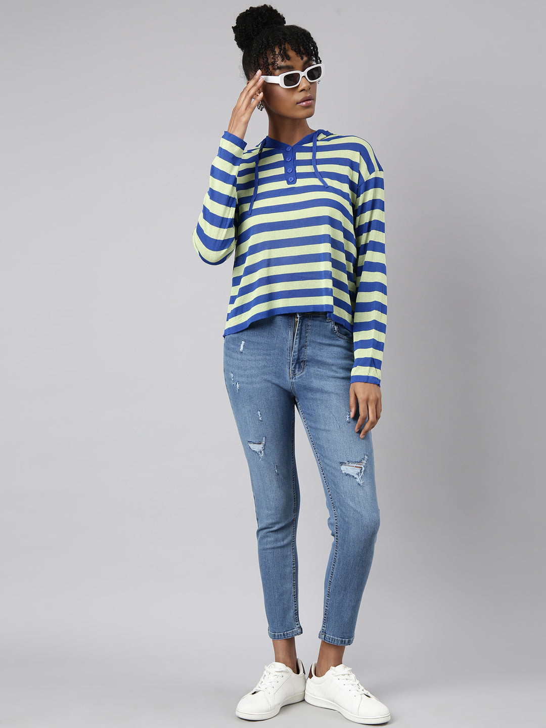 Women Green Horizontal Stripes Boxy Top