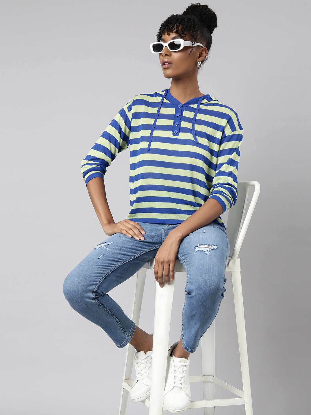 Women Green Horizontal Stripes Boxy Top