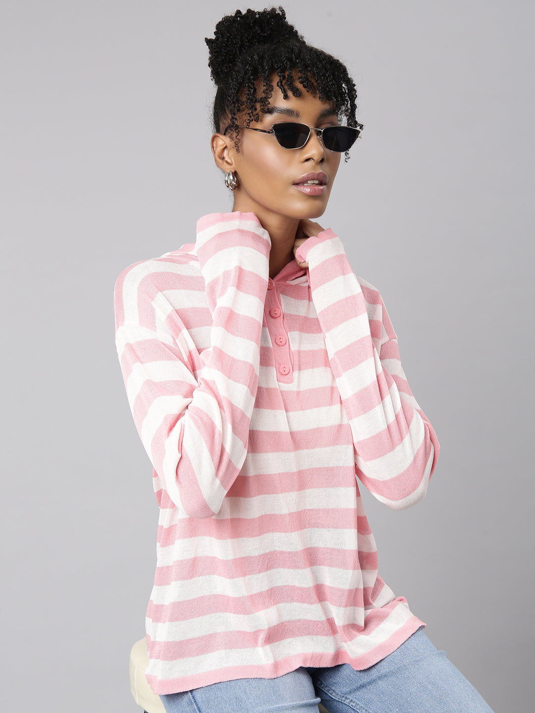 Women Peach Horizontal Stripes Boxy Top