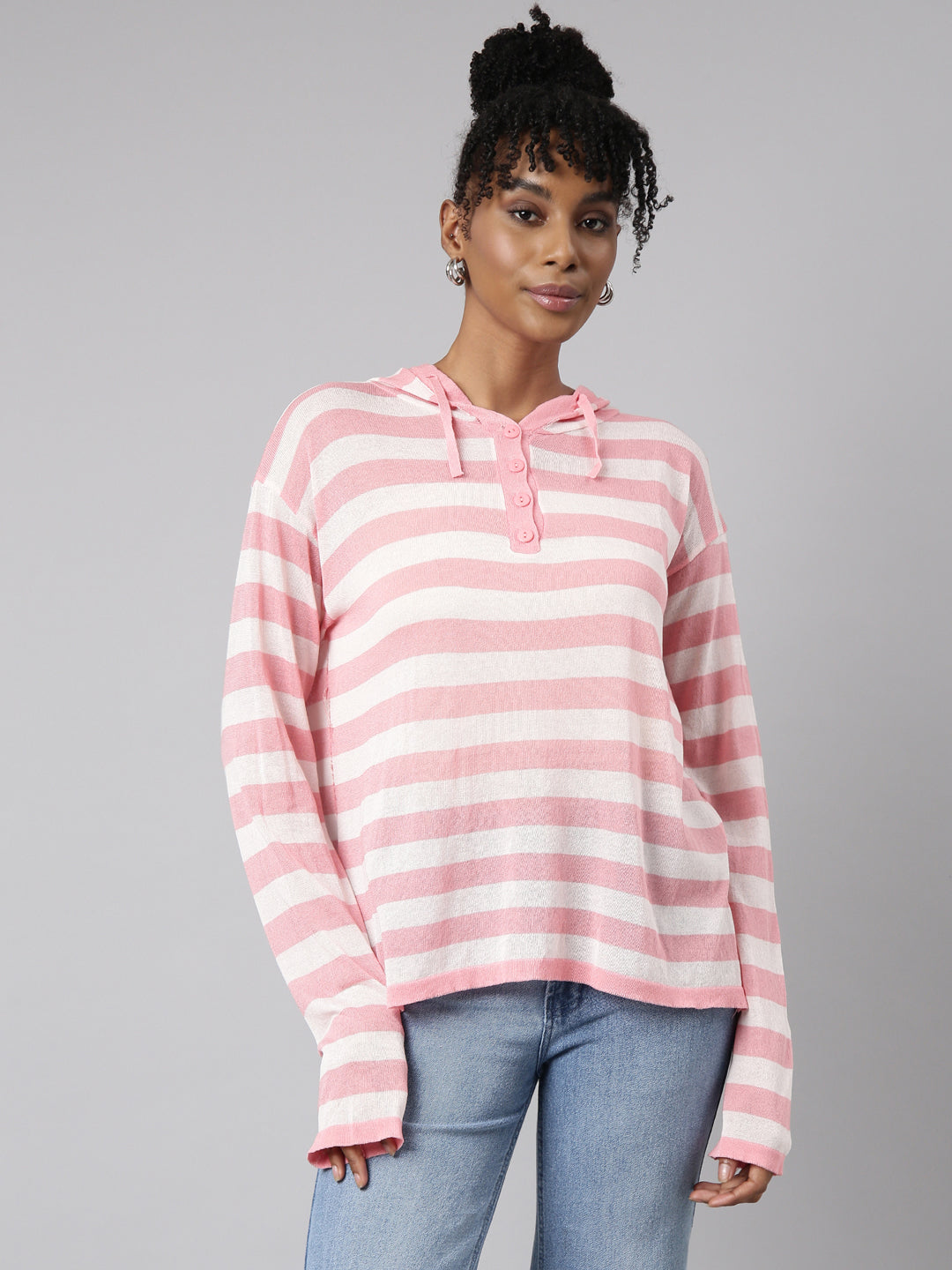 Women Peach Horizontal Stripes Boxy Top