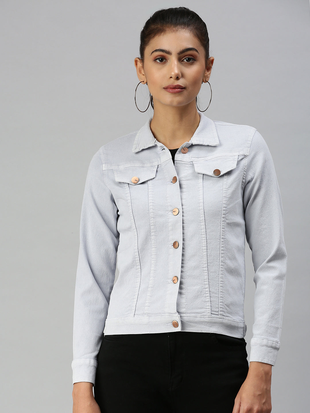 Women's Grey Solid Denim Jacket Jackets
