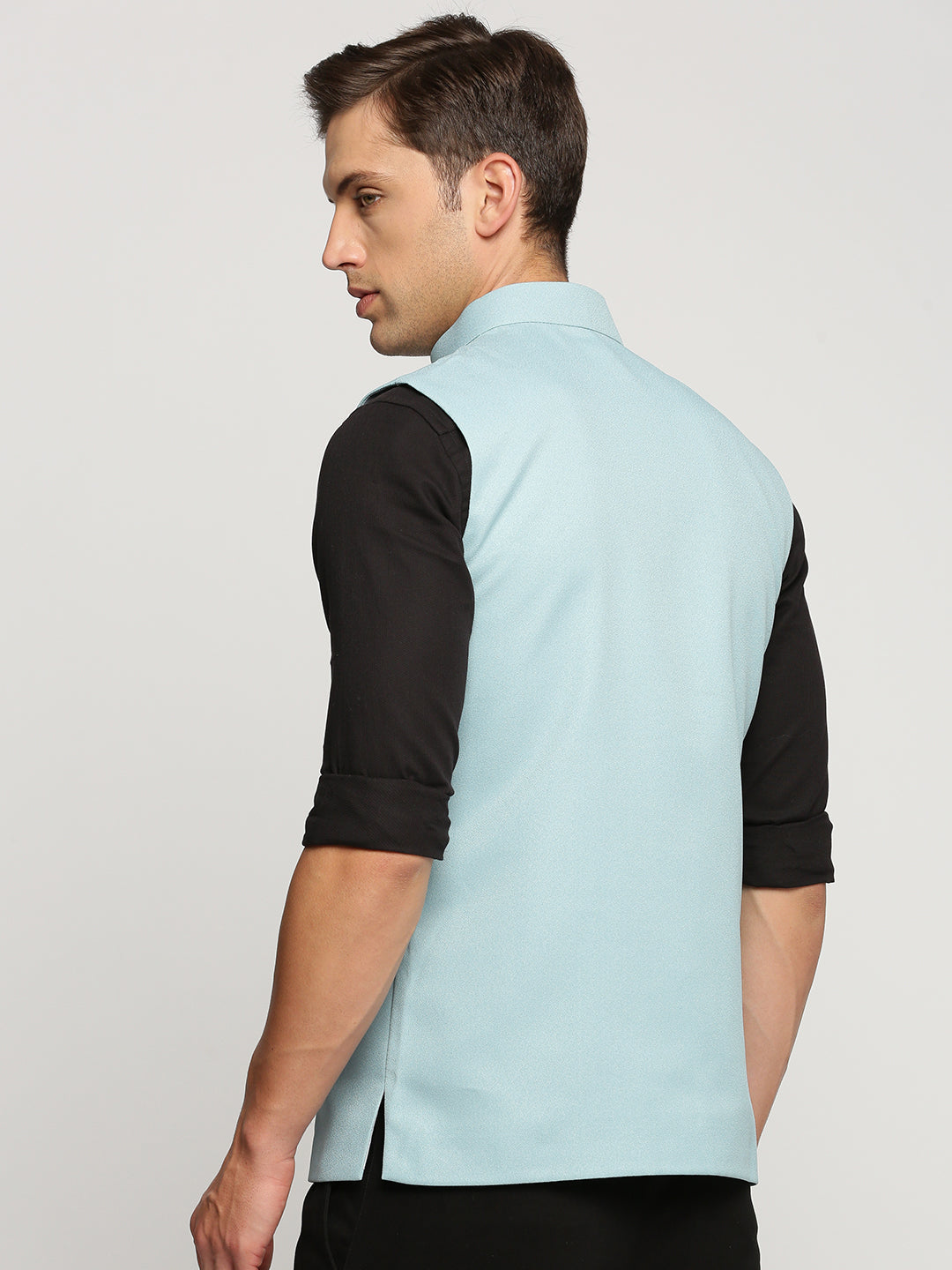 Men Blue Mandarin Collar Solid Nehru Jacket