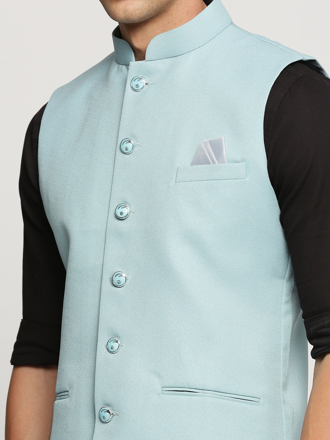 Men Blue Mandarin Collar Solid Nehru Jacket