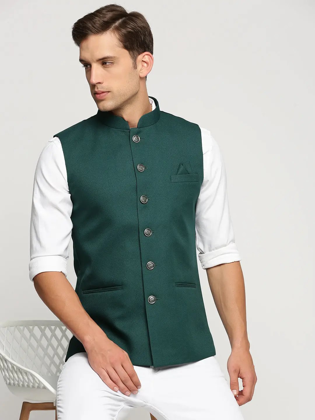 Men's Green Mandarin Collar Solid Nehru Jacket
