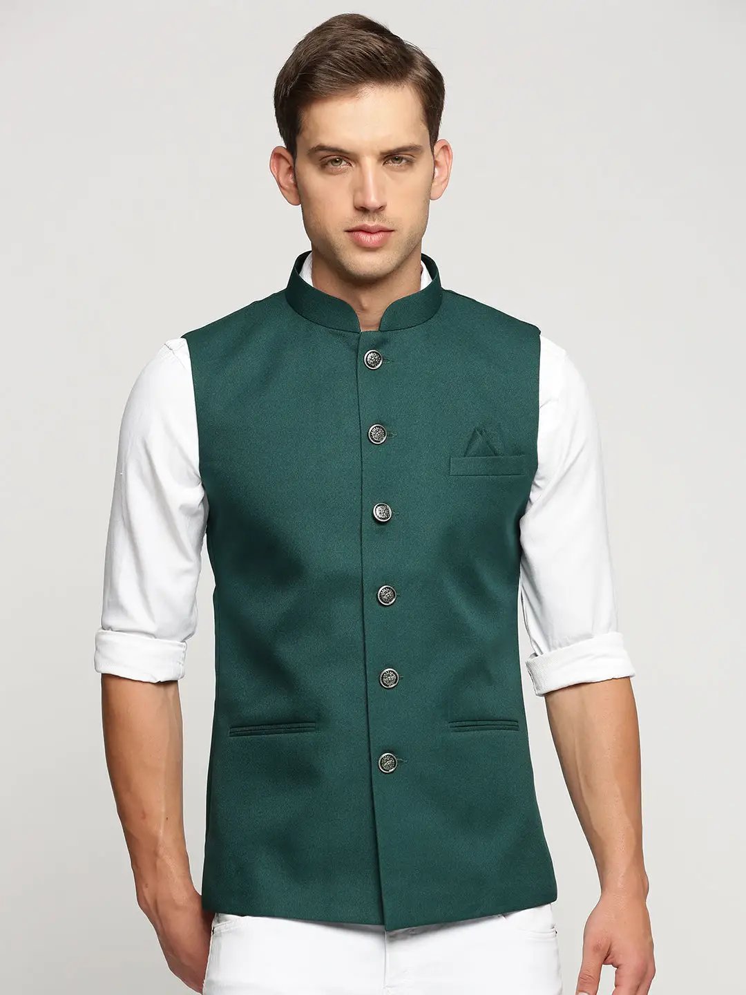 Men's Green Mandarin Collar Solid Nehru Jacket