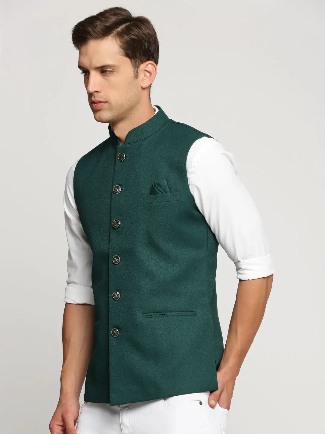 Men's Green Mandarin Collar Solid Nehru Jacket