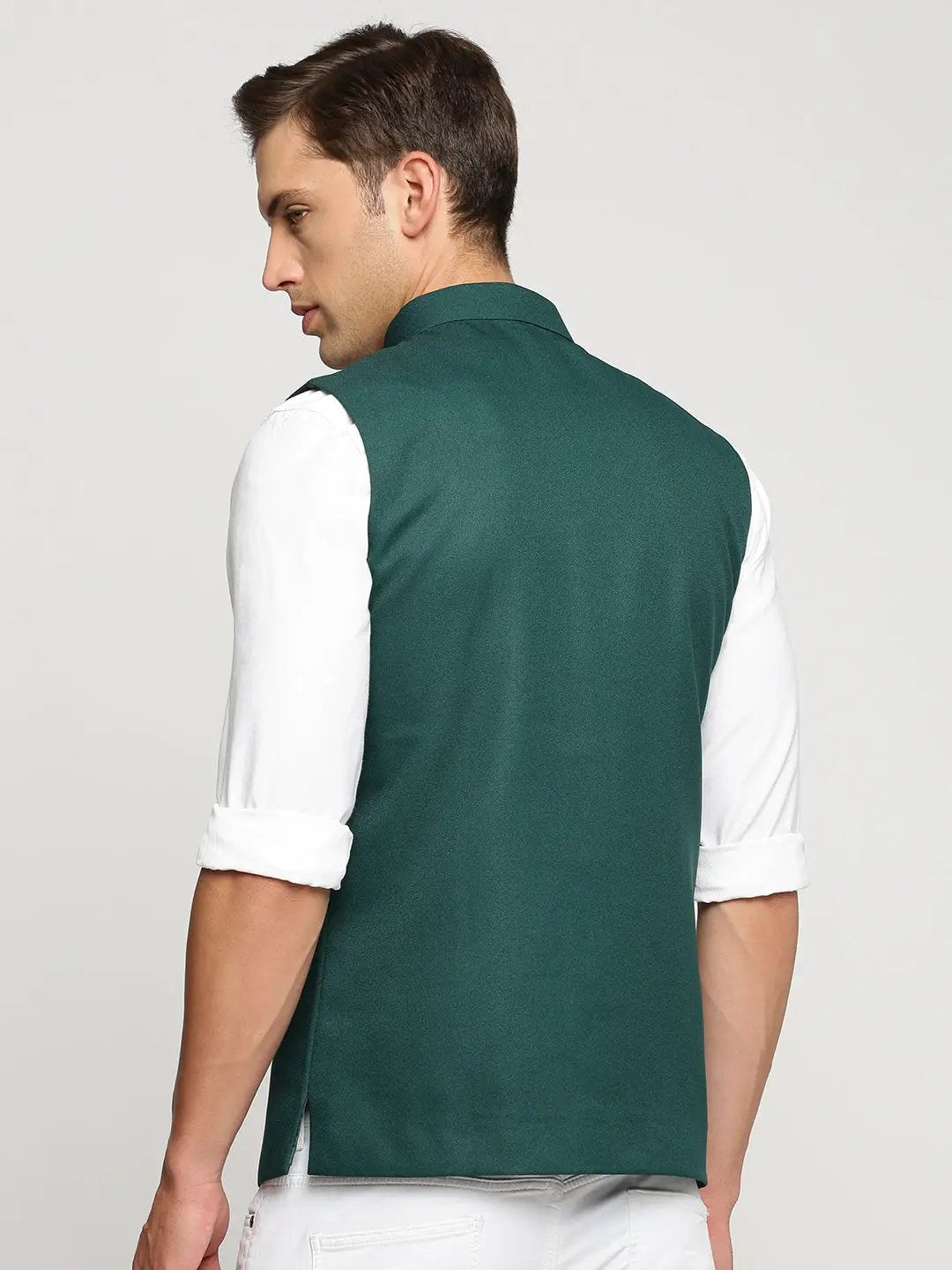 Men's Green Mandarin Collar Solid Nehru Jacket