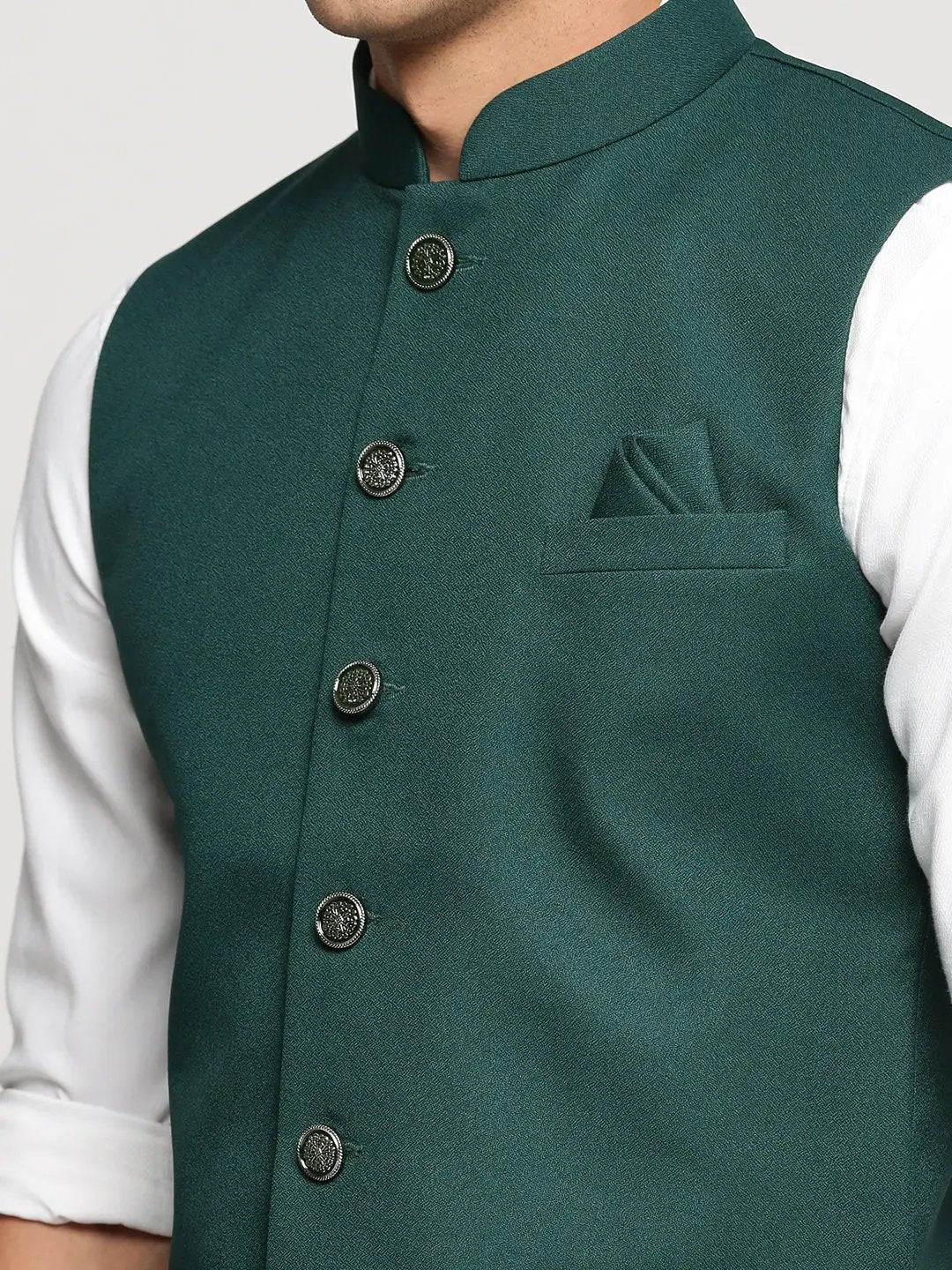 Men's Green Mandarin Collar Solid Nehru Jacket
