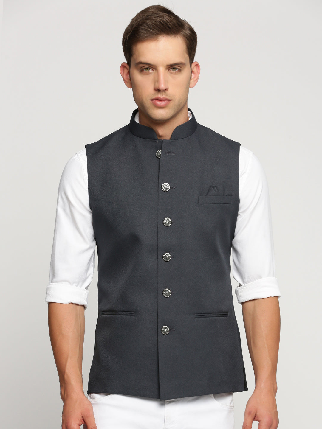 Men Charcoal Mandarin Collar Solid Nehru Jacket