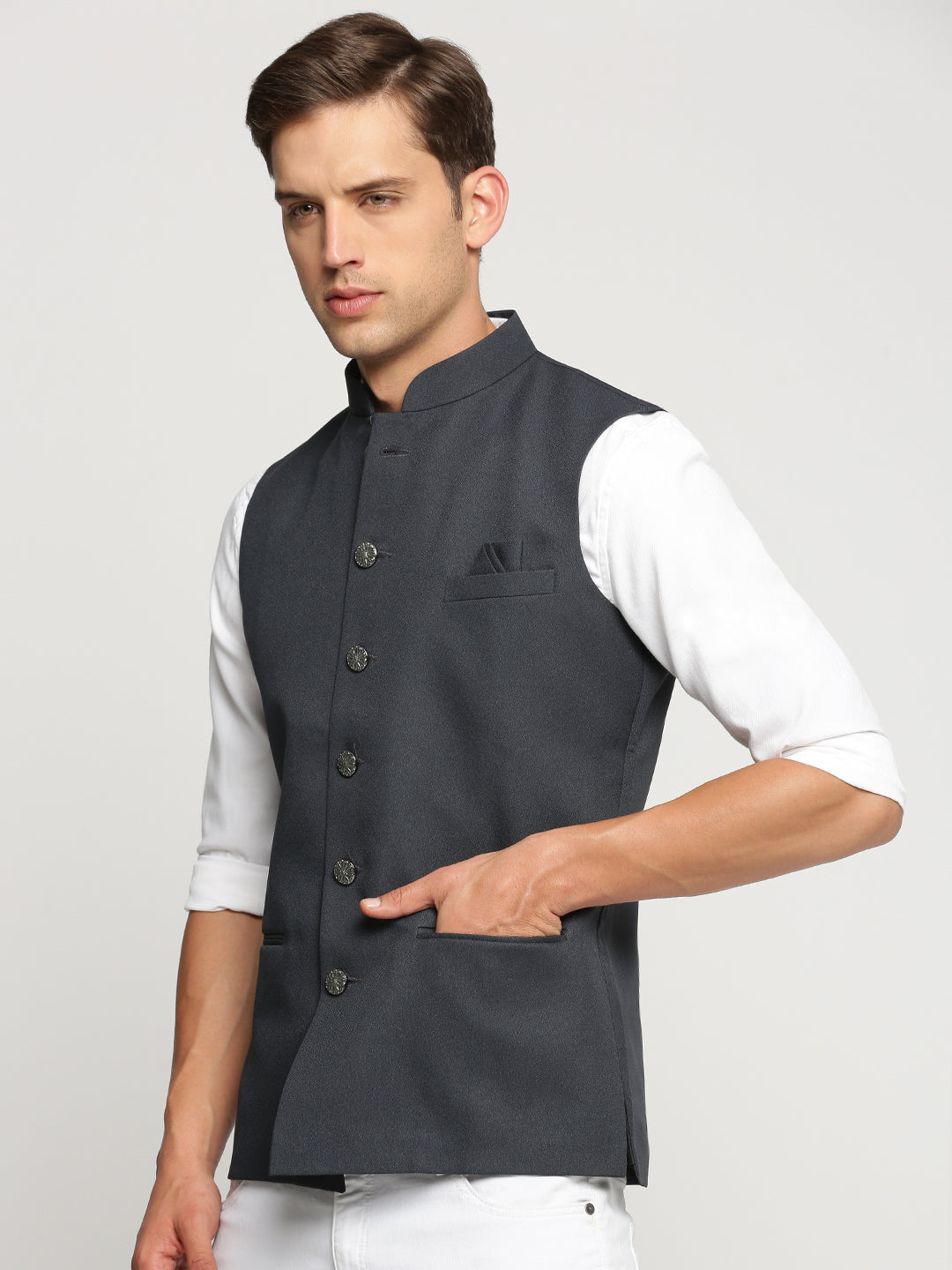 Men Charcoal Mandarin Collar Solid Nehru Jacket