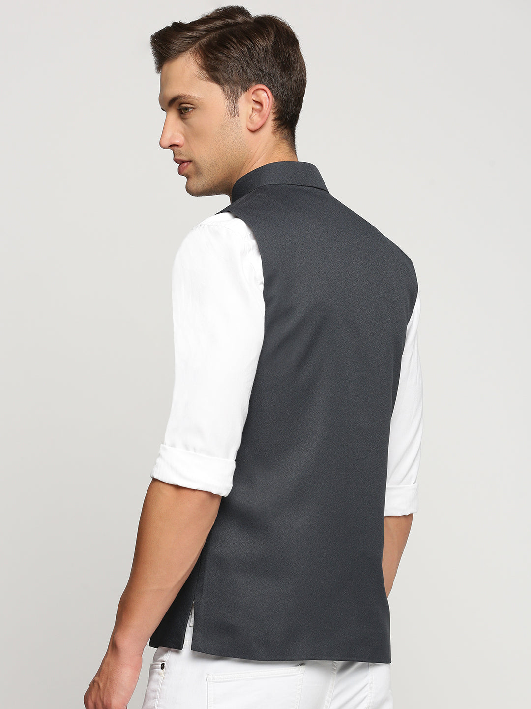 Men Charcoal Mandarin Collar Solid Nehru Jacket