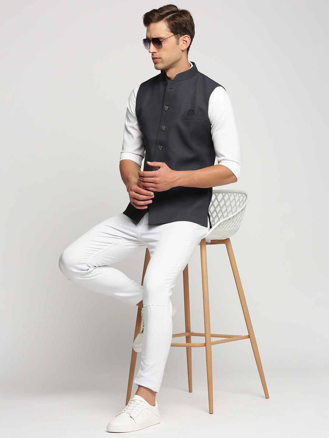 Men Charcoal Mandarin Collar Solid Nehru Jacket