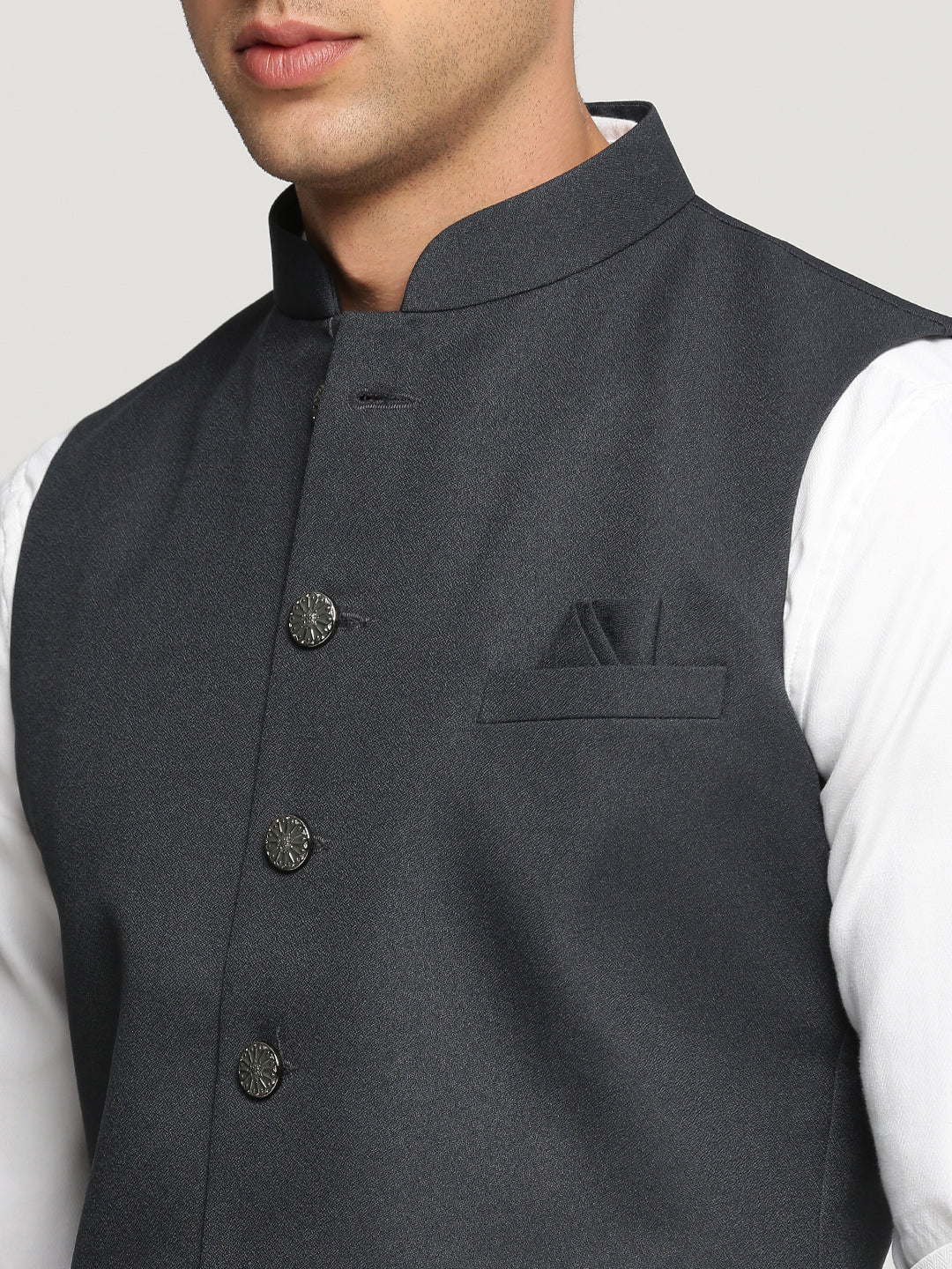 Men Charcoal Mandarin Collar Solid Nehru Jacket