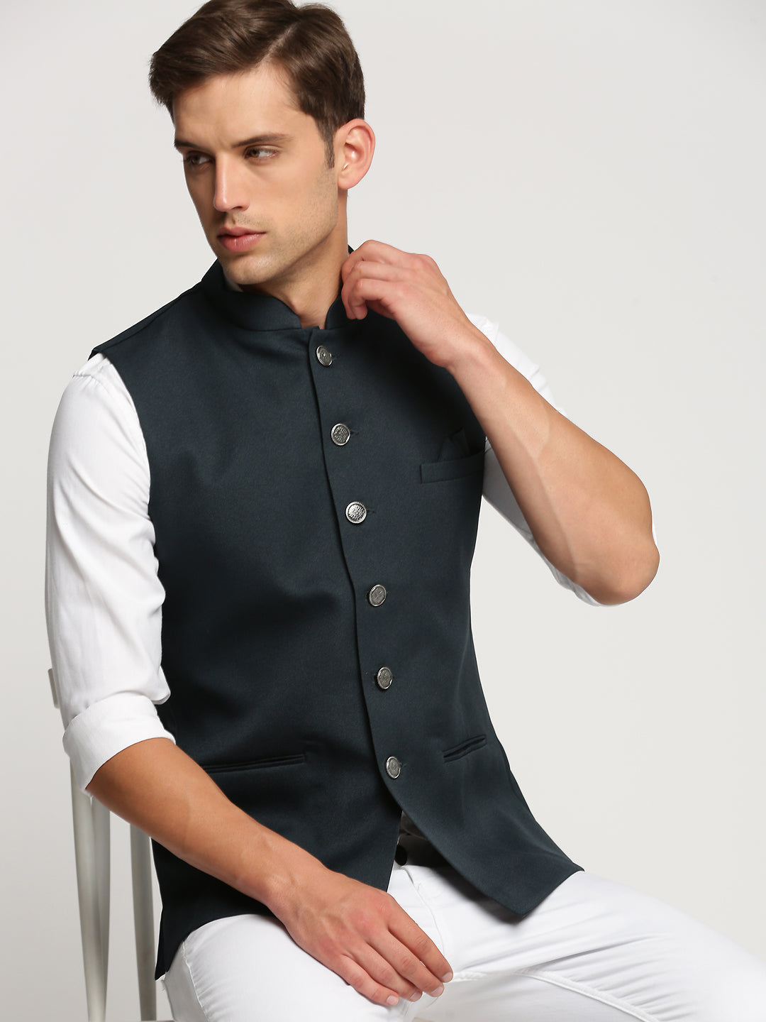 Men Green Mandarin Collar Solid Nehru Jacket