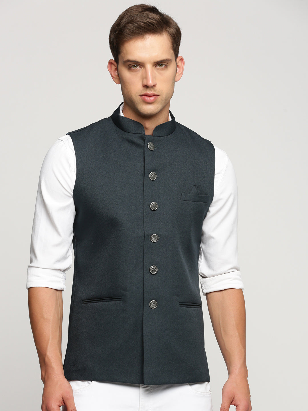 Men Green Mandarin Collar Solid Nehru Jacket