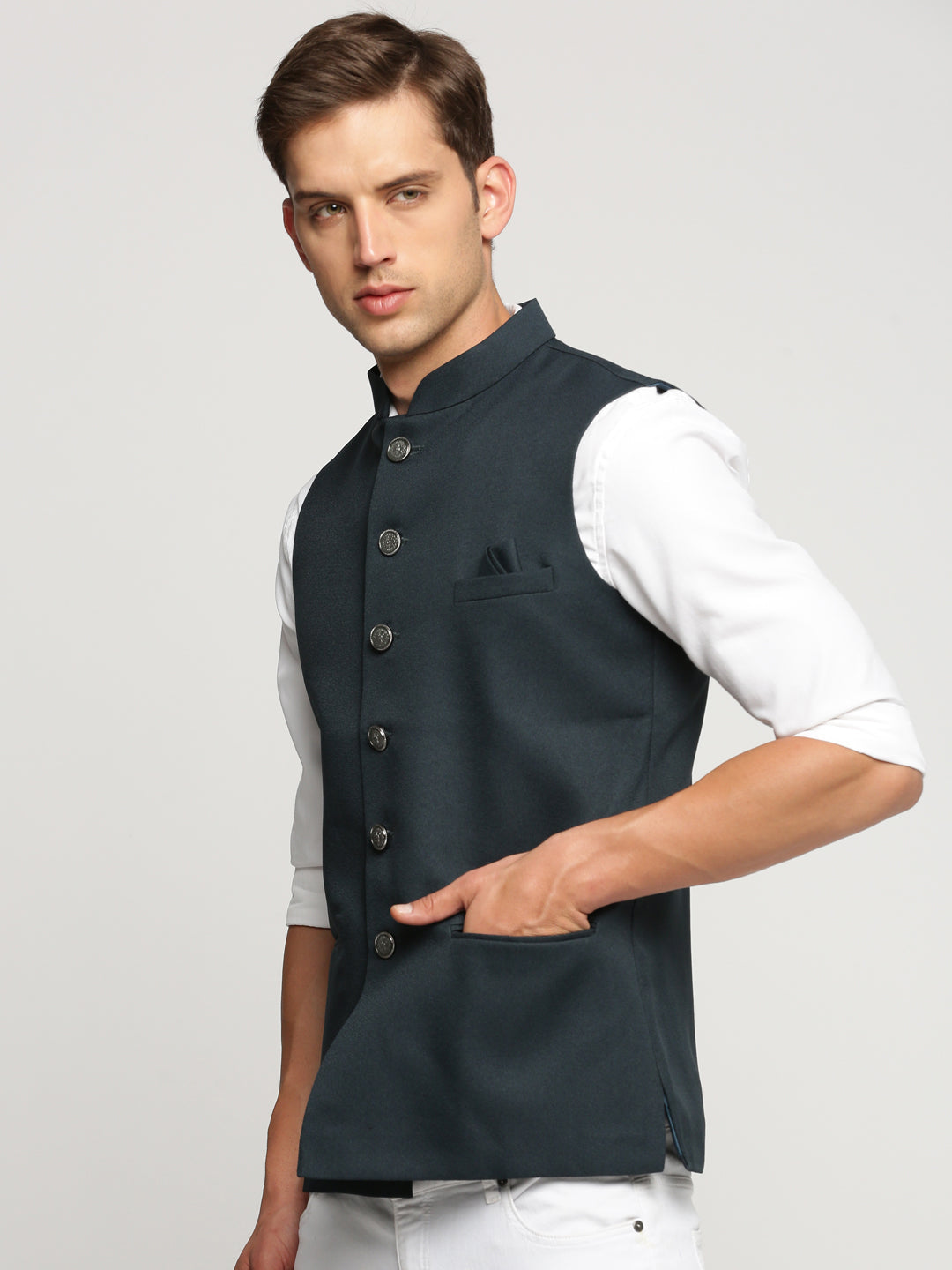 Men Green Mandarin Collar Solid Nehru Jacket