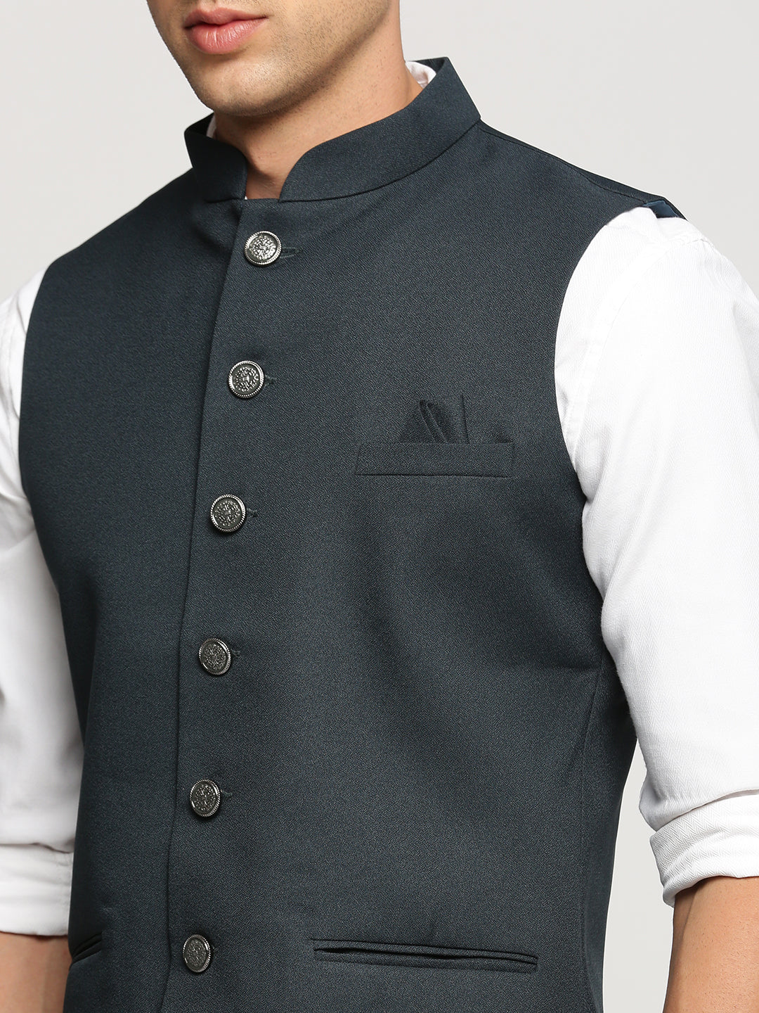 Men Green Mandarin Collar Solid Nehru Jacket