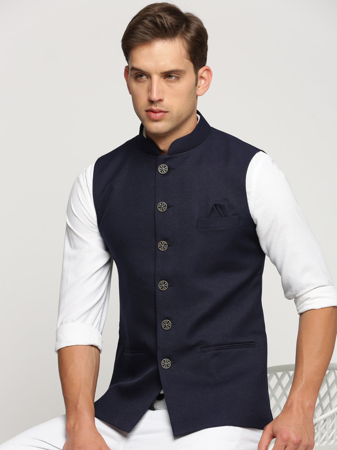 Men Navy Blue Mandarin Collar Solid Nehru Jacket