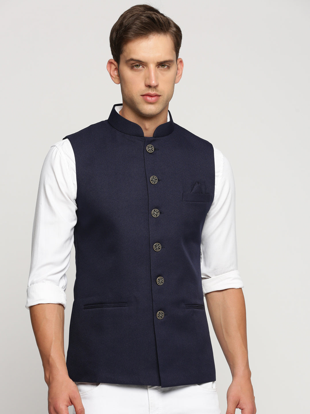 Men Navy Blue Mandarin Collar Solid Nehru Jacket