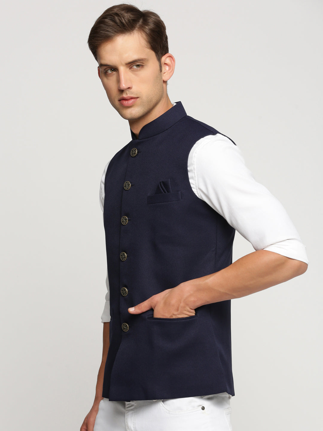 Men Navy Blue Mandarin Collar Solid Nehru Jacket