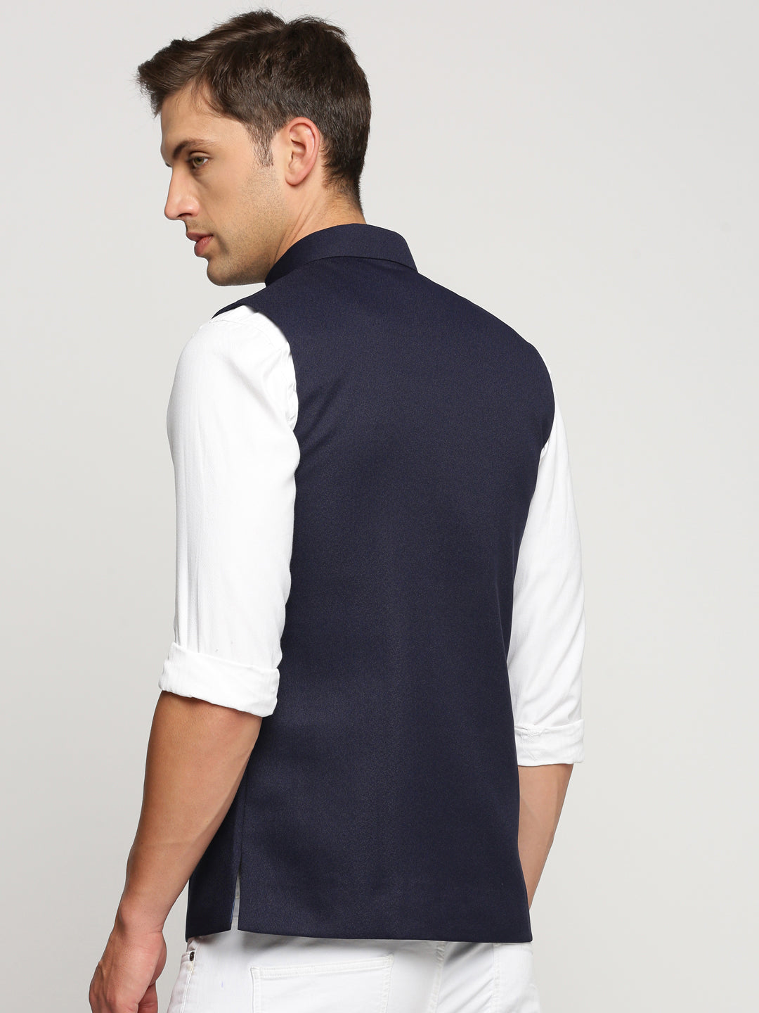 Men Navy Blue Mandarin Collar Solid Nehru Jacket