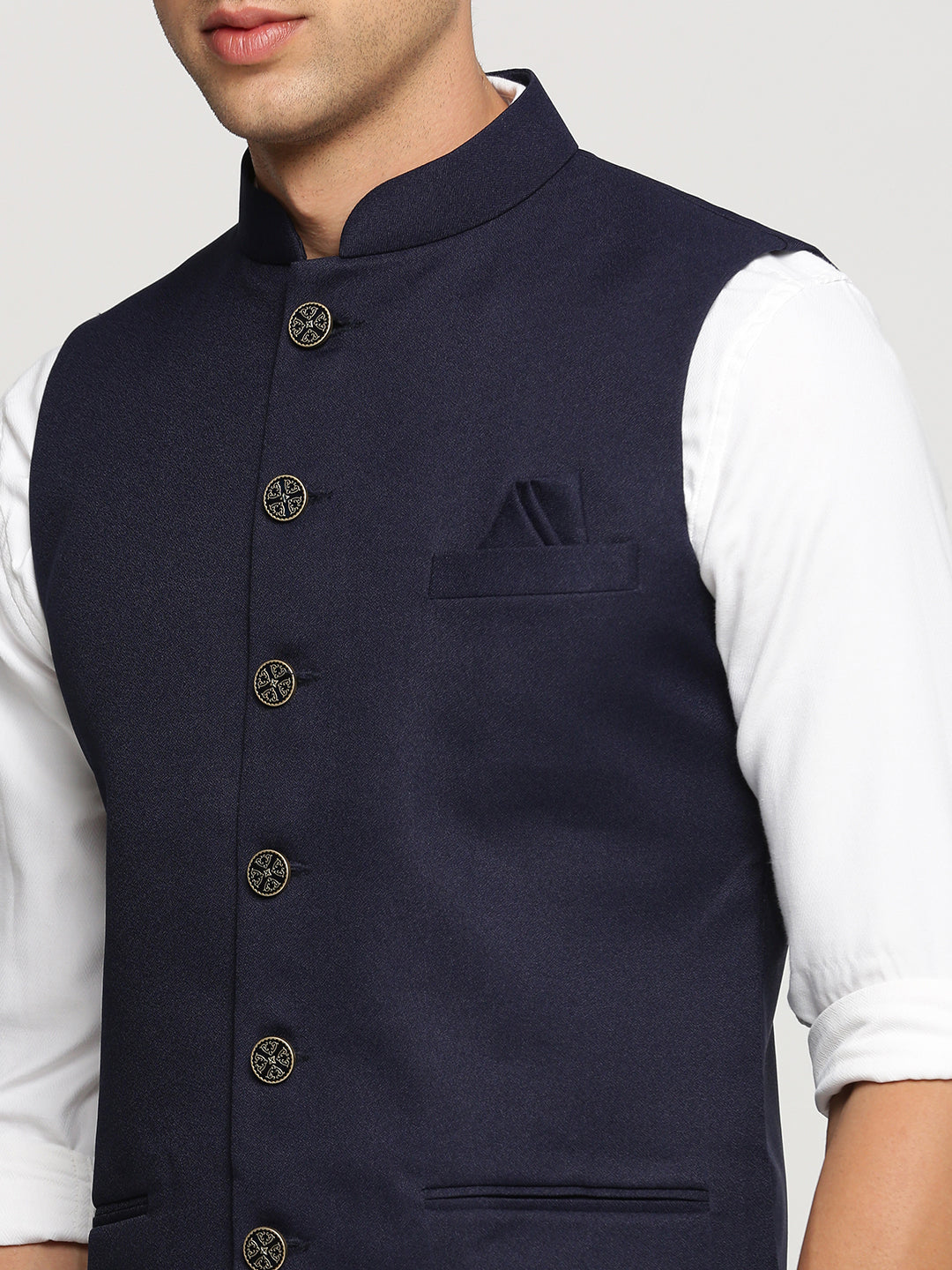 Men Navy Blue Mandarin Collar Solid Nehru Jacket