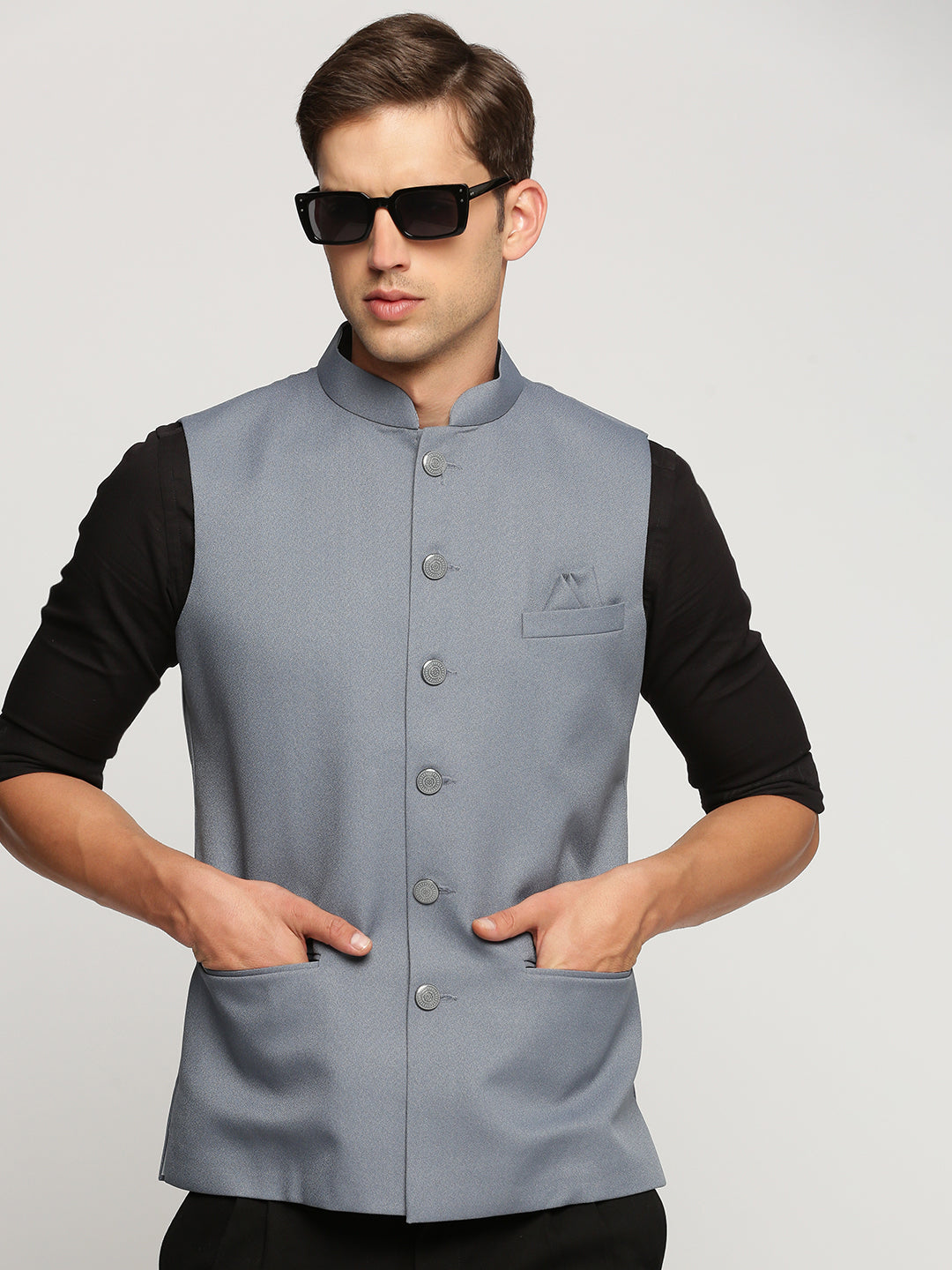 Men Grey Mandarin Collar Solid Nehru Jacket