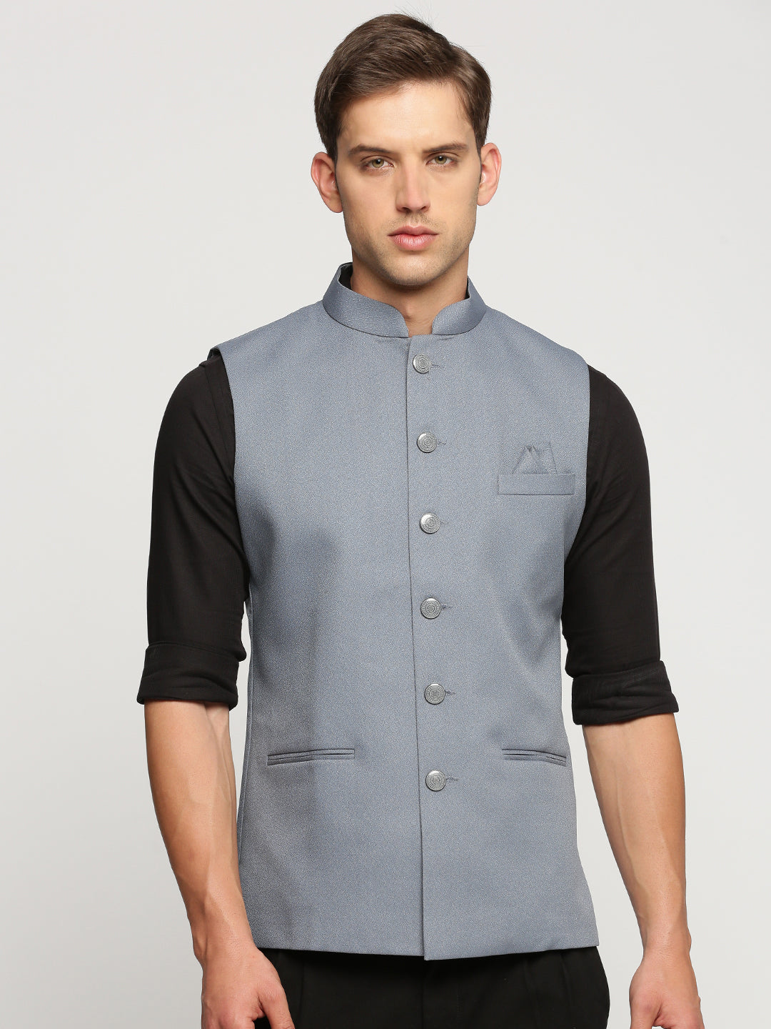 Men Grey Mandarin Collar Solid Nehru Jacket