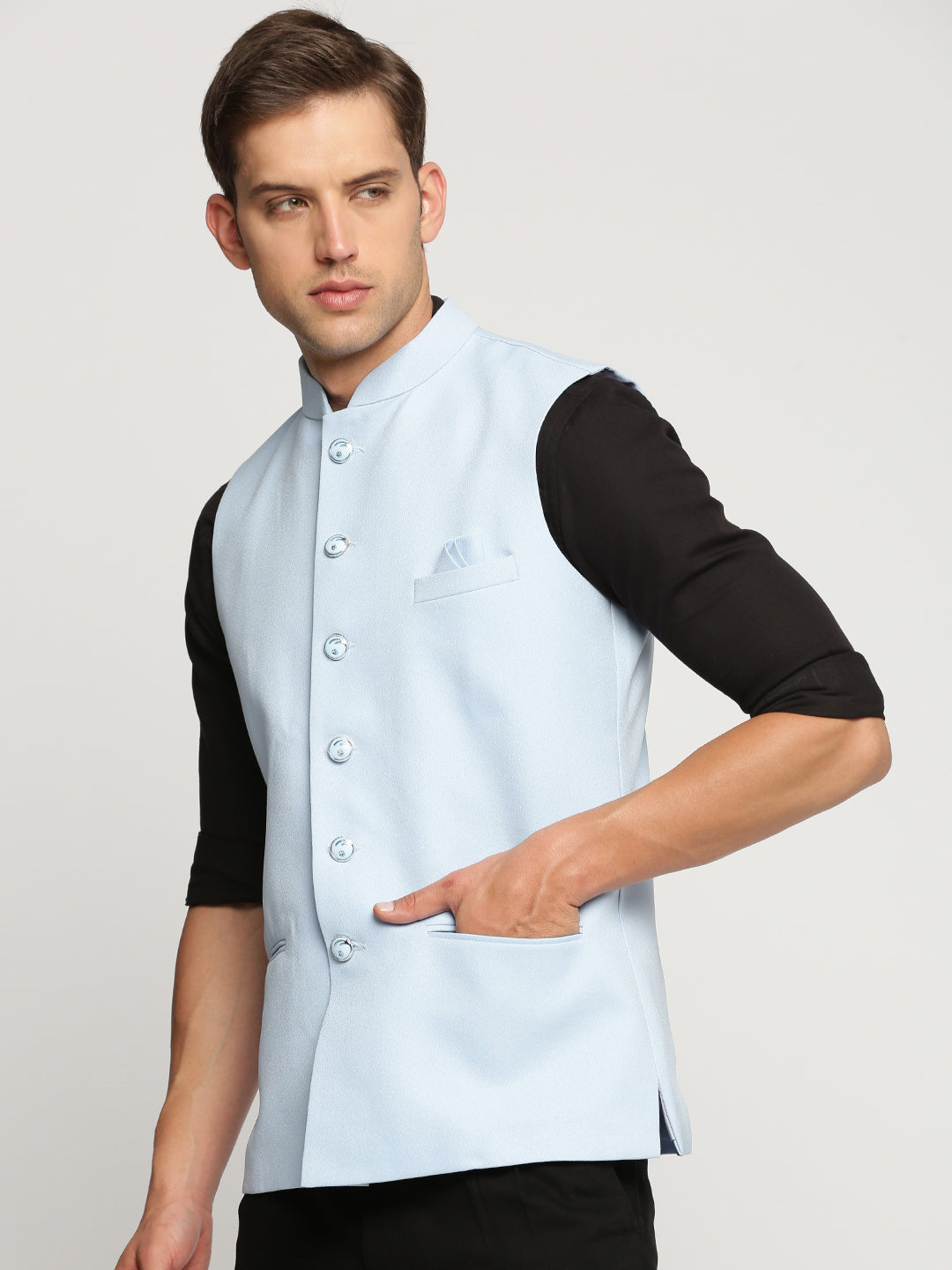 Men Turquoise Blue Mandarin Collar Solid Nehru Jacket