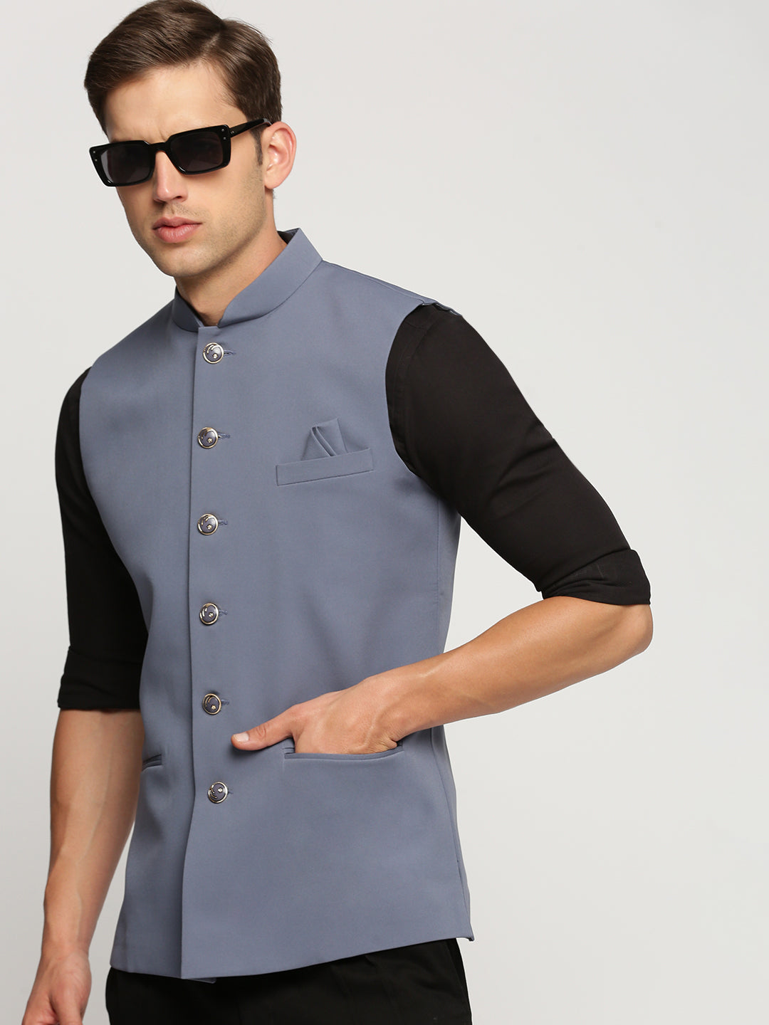 Men Grey Mandarin Collar Solid Nehru Jacket