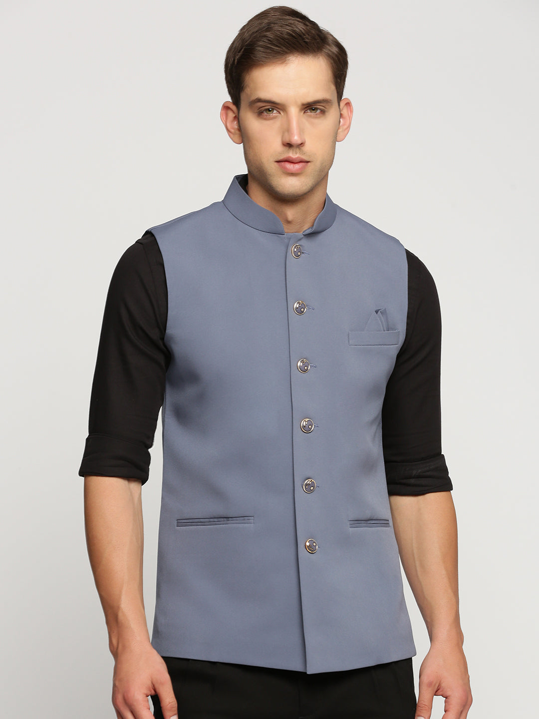 Men Grey Mandarin Collar Solid Nehru Jacket