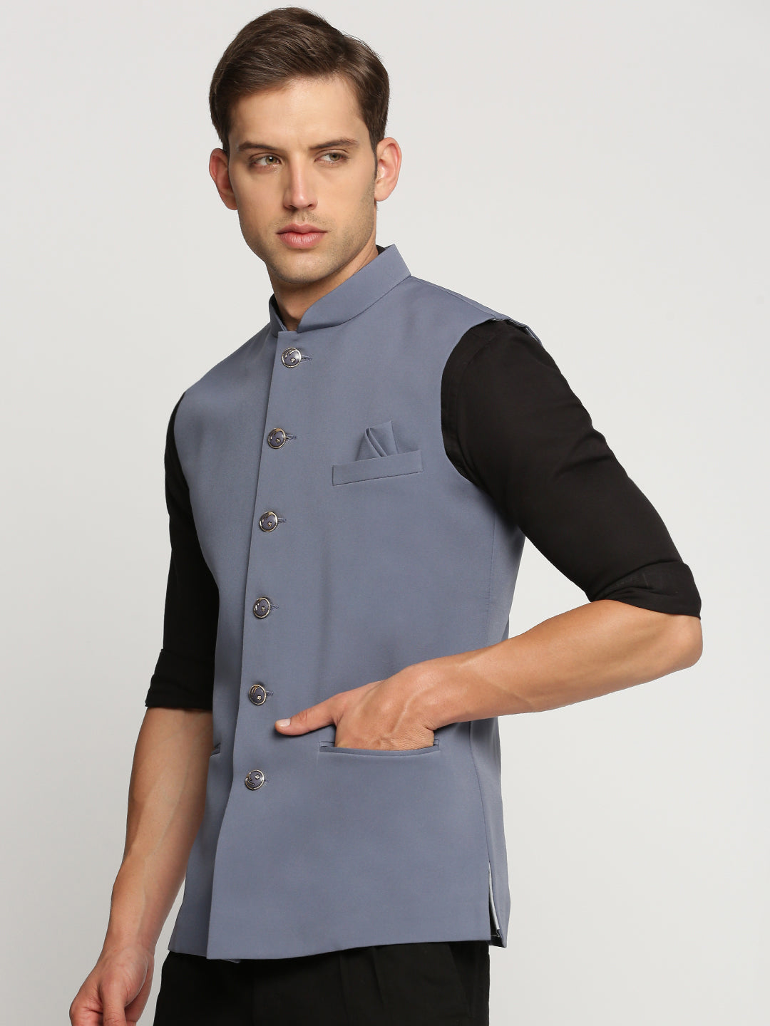 Men Grey Mandarin Collar Solid Nehru Jacket