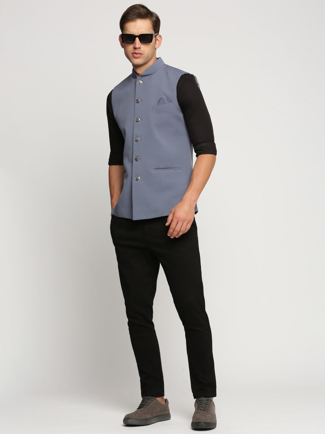 Men Grey Mandarin Collar Solid Nehru Jacket