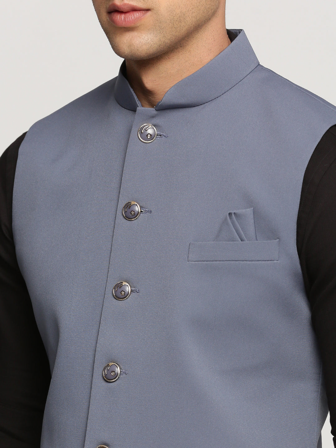 Men Grey Mandarin Collar Solid Nehru Jacket