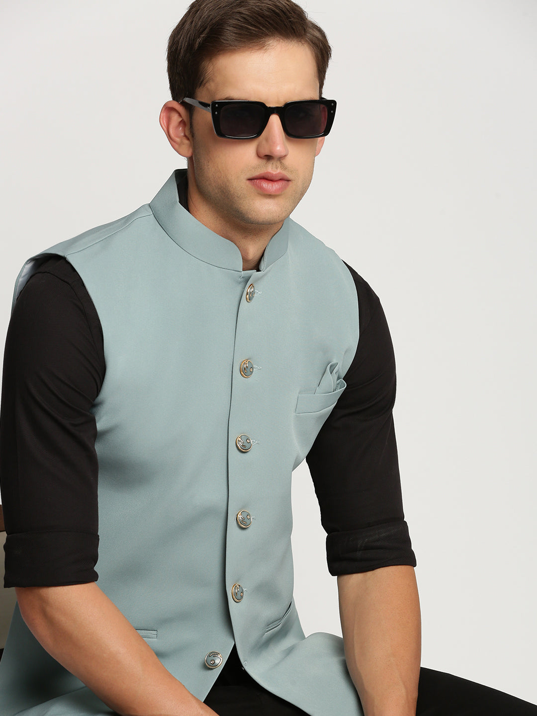 Men Sea Green Mandarin Collar Solid Nehru Jacket