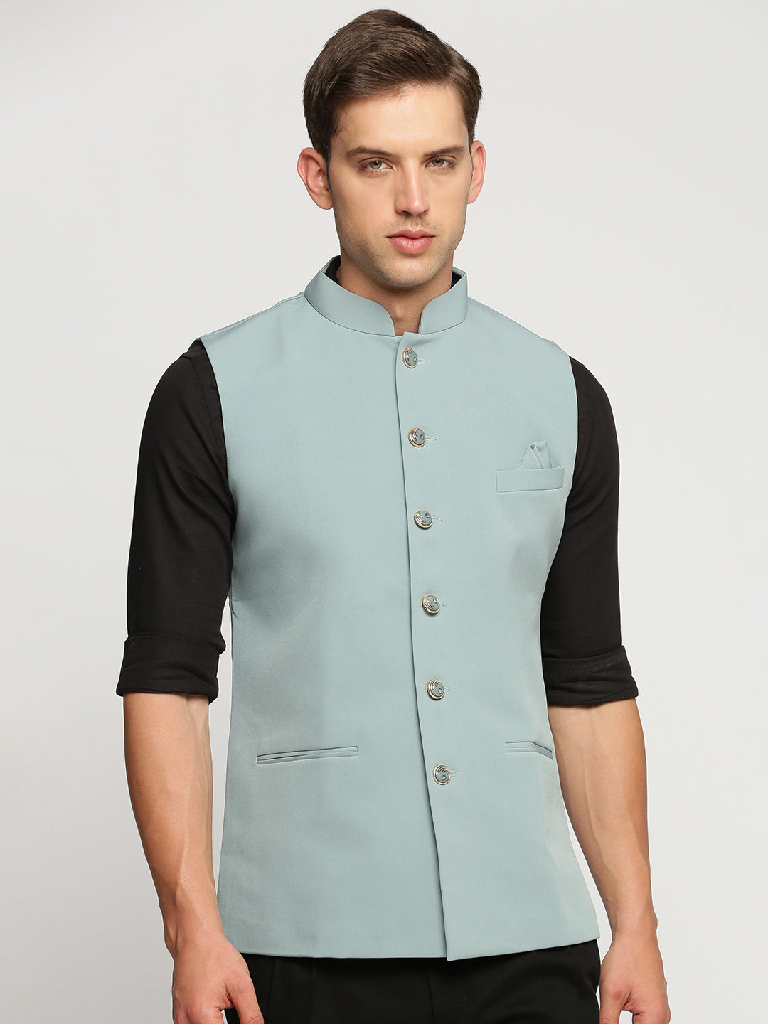 Men Sea Green Mandarin Collar Solid Nehru Jacket