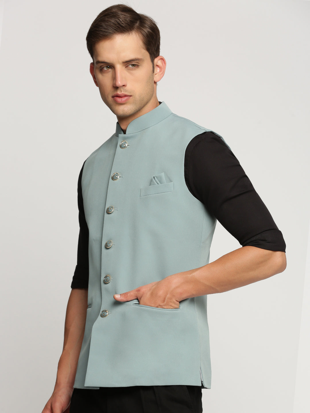 Men Sea Green Mandarin Collar Solid Nehru Jacket