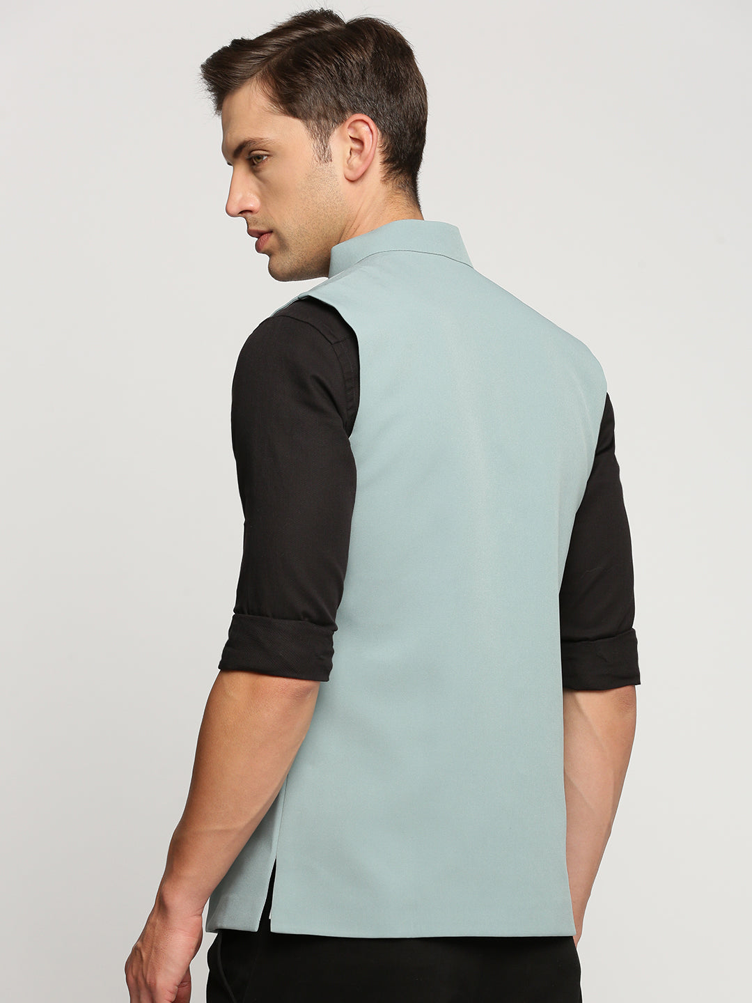 Men Sea Green Mandarin Collar Solid Nehru Jacket