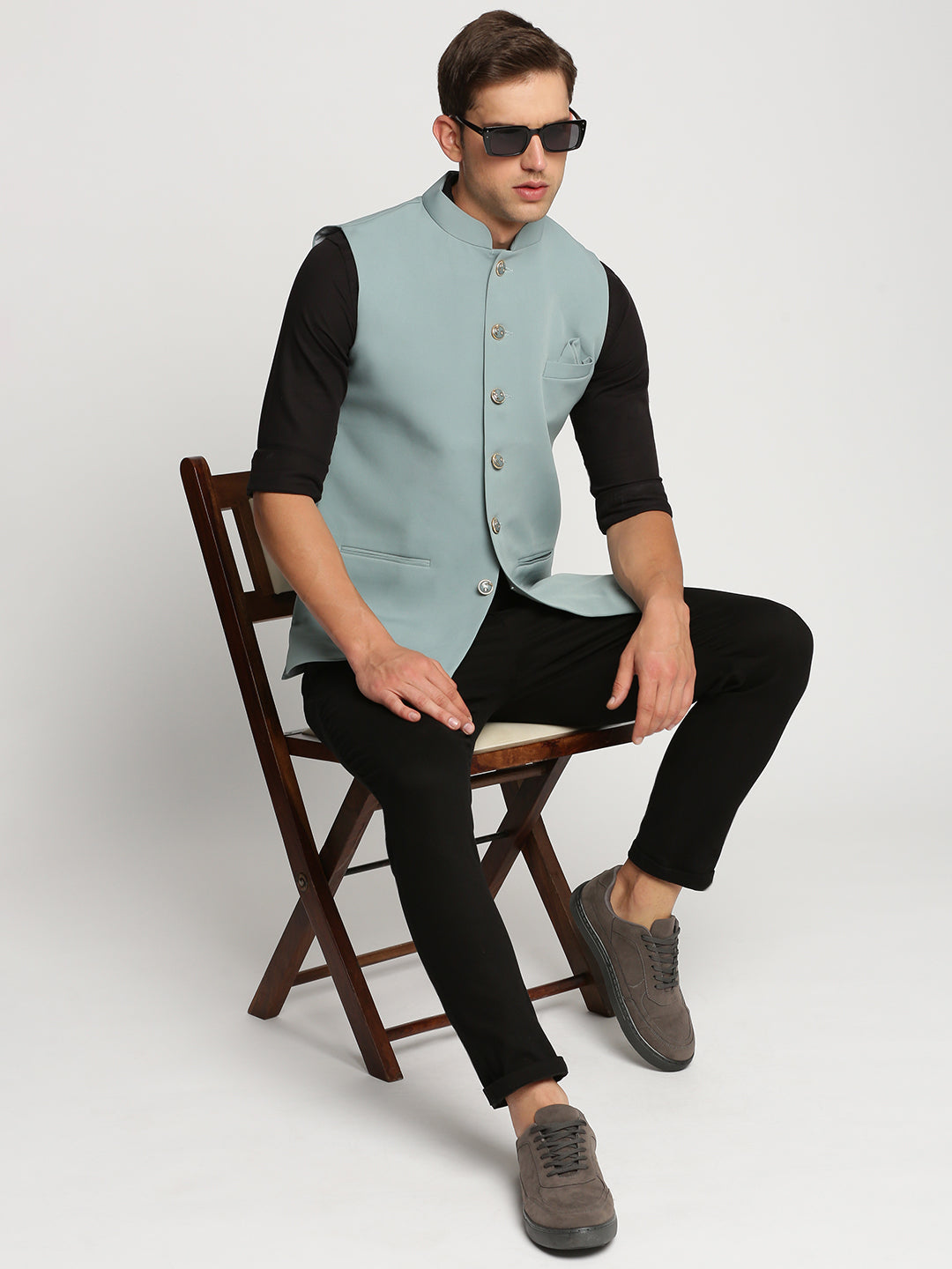 Men Sea Green Mandarin Collar Solid Nehru Jacket