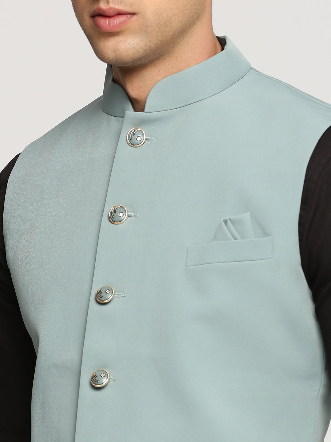 Men Sea Green Mandarin Collar Solid Nehru Jacket